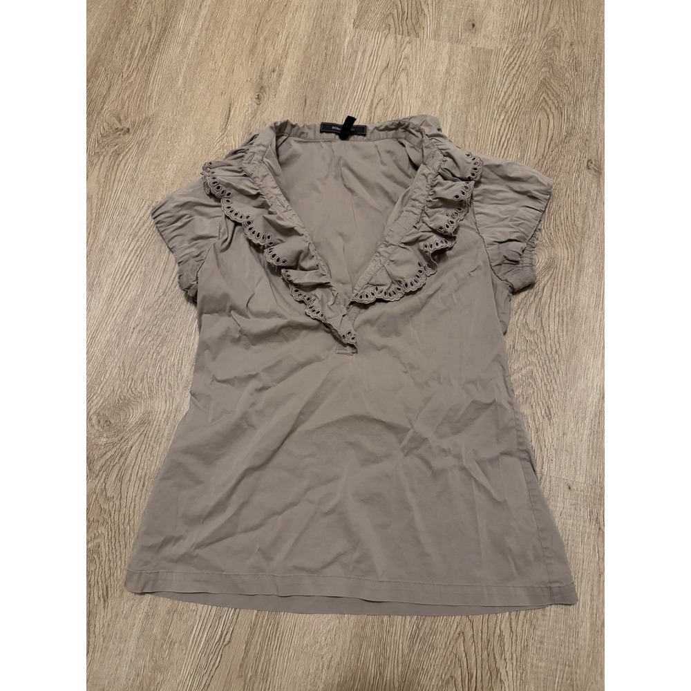 BCBG Women's Blouse Short Sleeve Solid Brown Scalloped eyelet Ruffle Collar